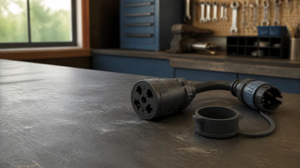 Trailer connector adapter and protective cap on a workshop bench