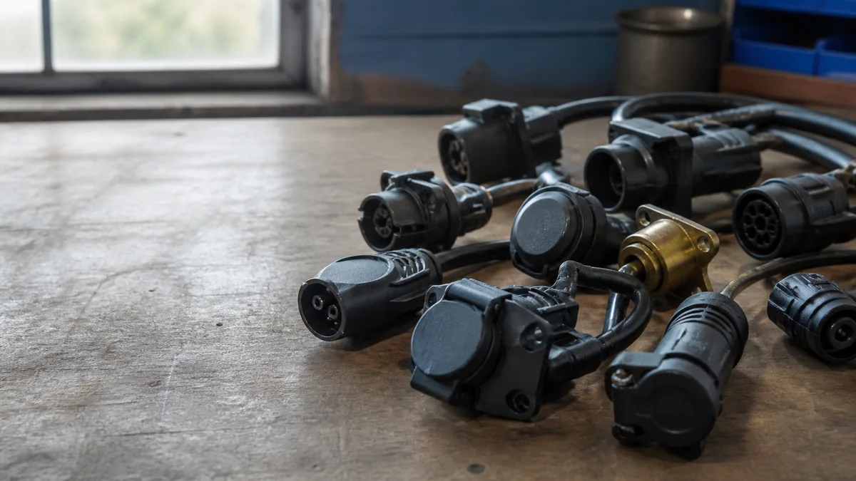 Assorted trailer connector housings arranged on a workshop bench