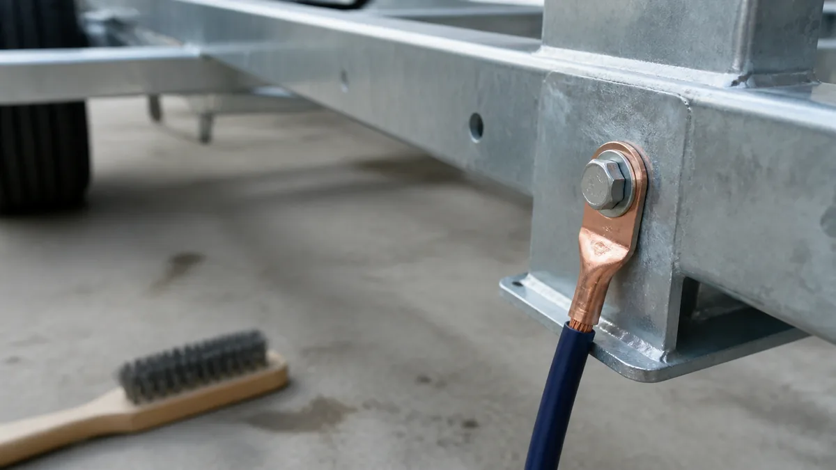 Trailer grounding connection and electrical harness under inspection