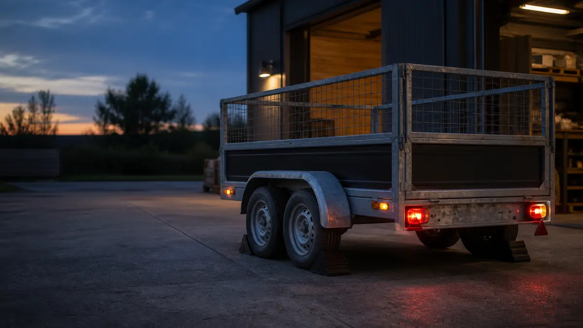 Utility trailer parked safely at dusk with its exterior lamps illuminated