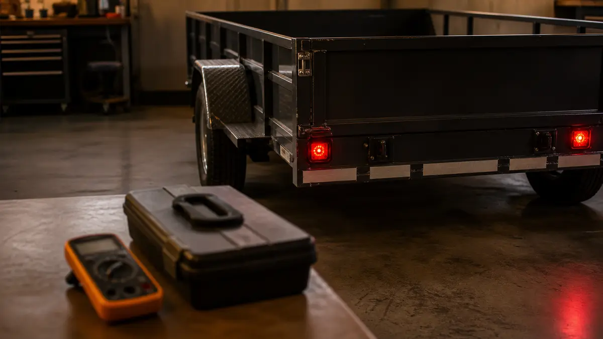 Stationary utility trailer lamps glowing during a controlled workshop inspection